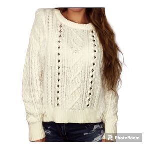 Ana Ivory Boho Studded Fringe Cable
Knit Sweater XS